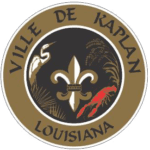 Logo of Kaplan with brown circle ith brown/white fleur de lis and red crawfish